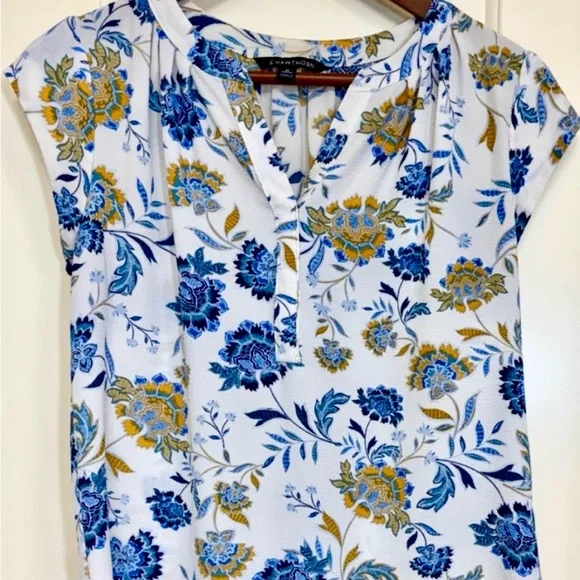 Floral Boho Blouse Petite S Blue Yellow Lightweight Work Top 41 Hawthorn - Picture 2 of 7